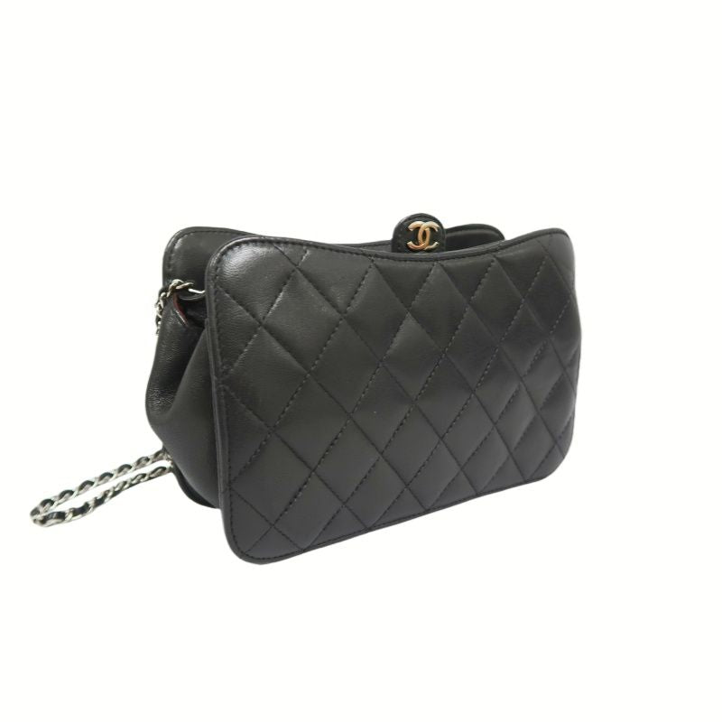 CHANEL Black Lambskin Quilted Chain Crossbody Bag with Silver Hardware