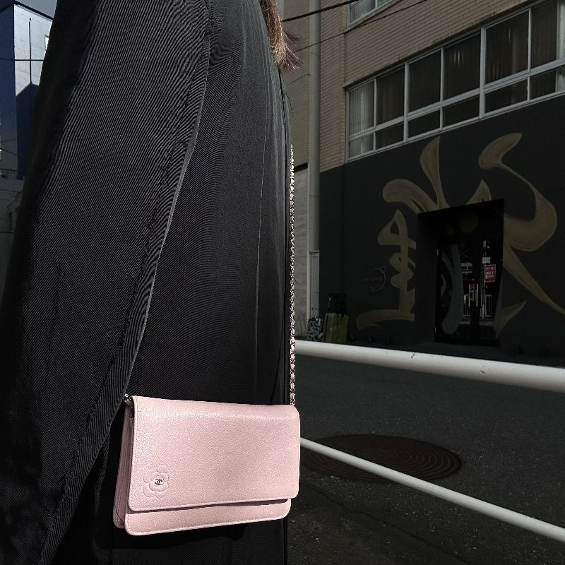 CHANEL Chain Wallet on Chain (WOC), Lambskin, Camellia Motif, Pink, Silver Hardware, Serial Number Starting with "15", Includes Dust Ba