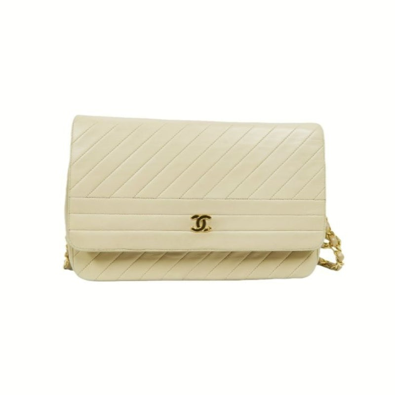 CHANEL Beige Lambskin Striped Flap Chain Crossbody Bag with Gold Hardware
