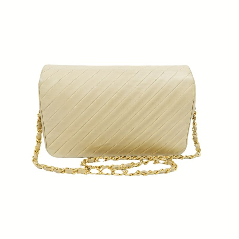 CHANEL Beige Lambskin Striped Flap Chain Crossbody Bag with Gold Hardware