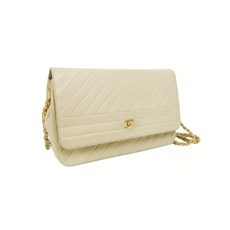 CHANEL Beige Lambskin Striped Flap Chain Crossbody Bag with Gold Hardware