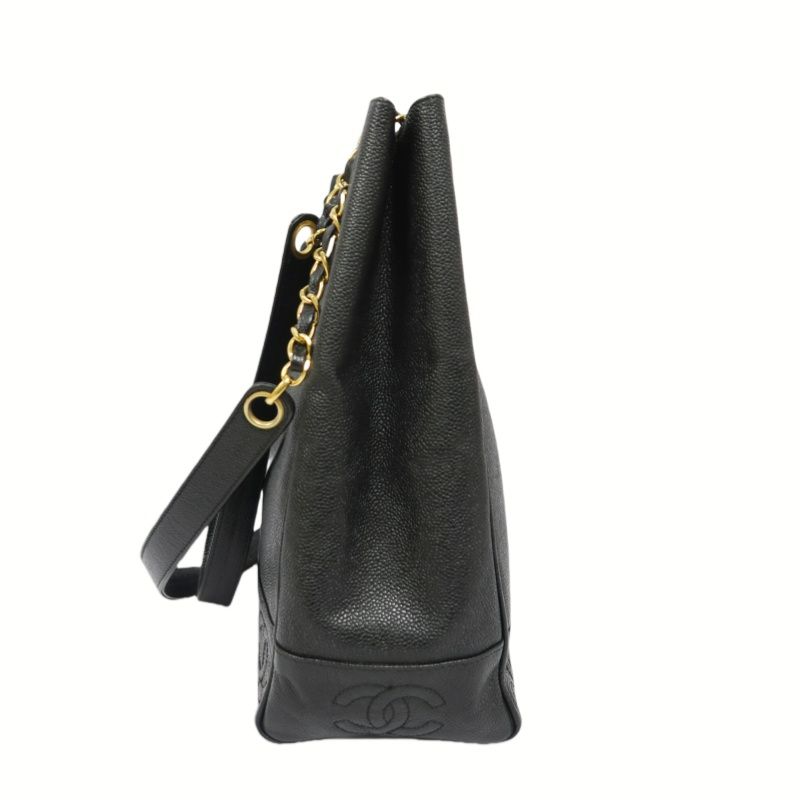 CHANEL Black Caviar Leather Quilted Chain Shoulder Tote Bag with Gold Hardware