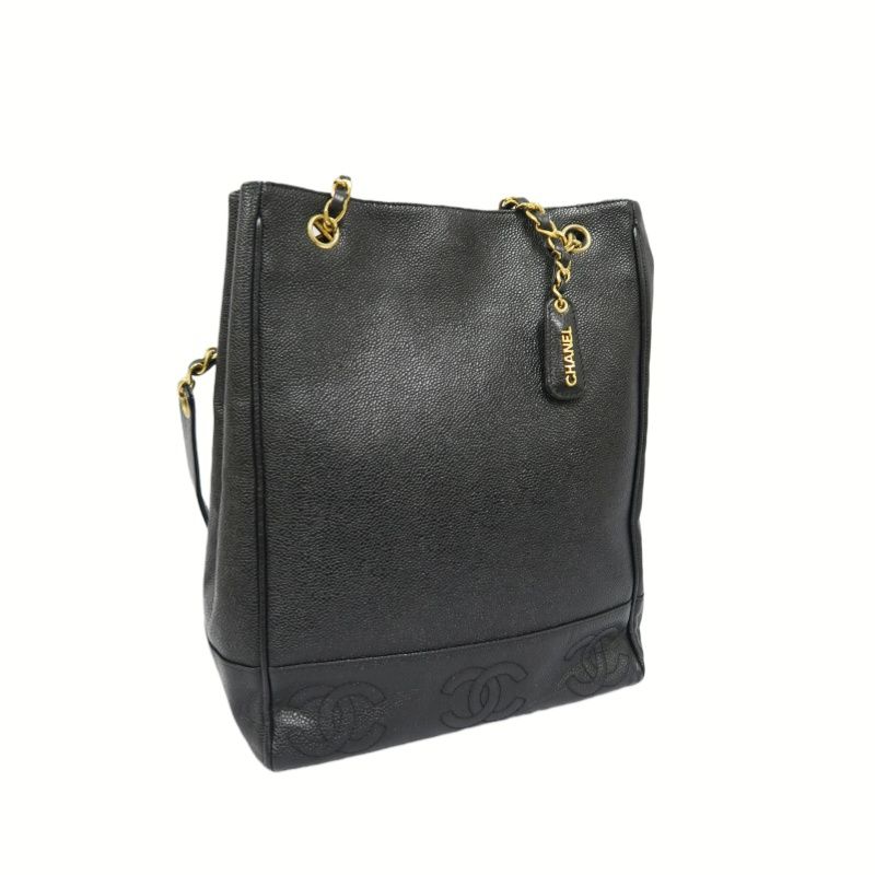 CHANEL Black Caviar Leather Quilted Chain Shoulder Tote Bag with Gold Hardware
