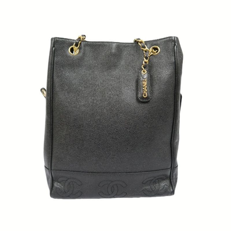 CHANEL Black Caviar Leather Quilted Chain Shoulder Tote Bag with Gold Hardware