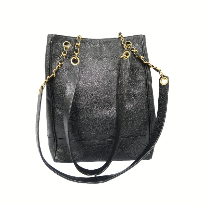 CHANEL Black Caviar Leather Quilted Chain Shoulder Tote Bag with Gold Hardware