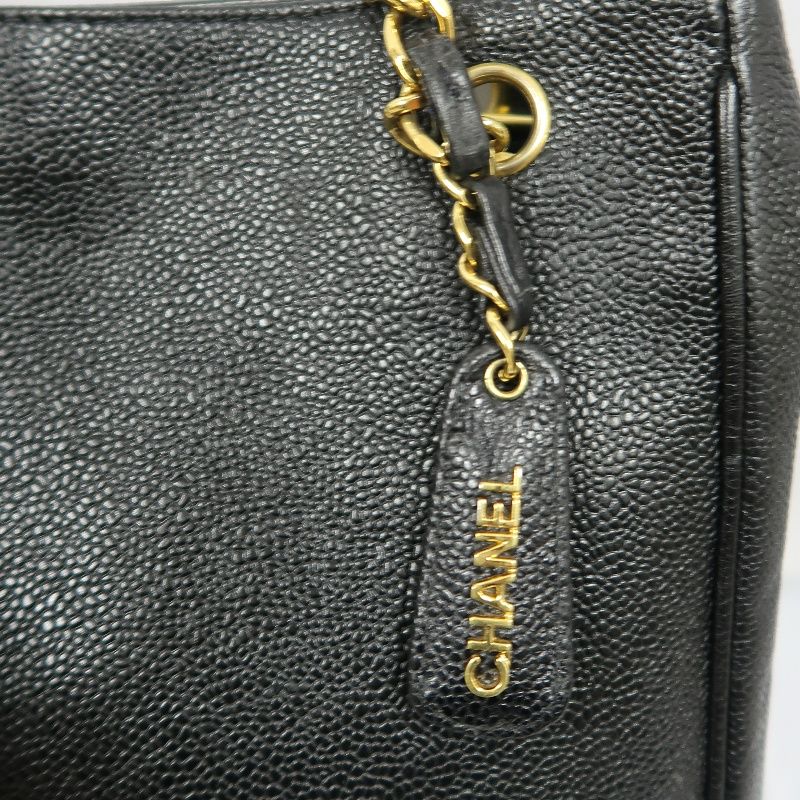 CHANEL Black Caviar Leather Quilted Chain Shoulder Tote Bag with Gold Hardware