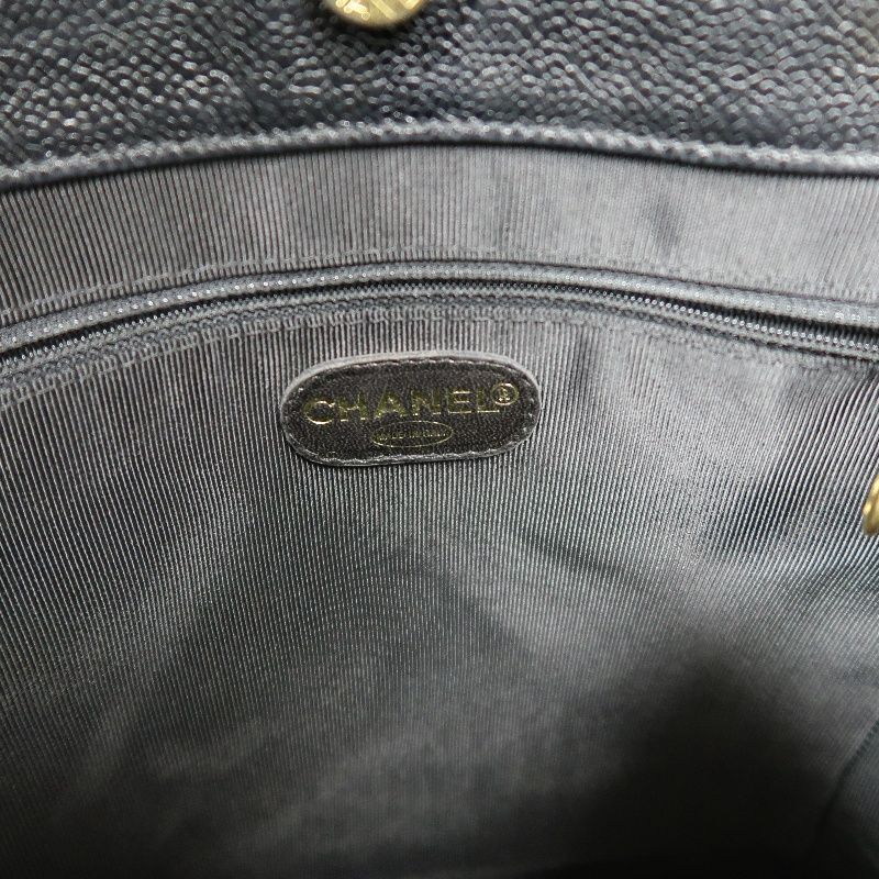 CHANEL Black Caviar Leather Quilted Chain Shoulder Tote Bag with Gold Hardware