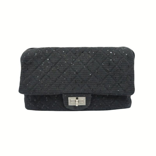 CHANEL Black 2.55 Quilted Canvas Chain Crossbody Bag with Sequins
