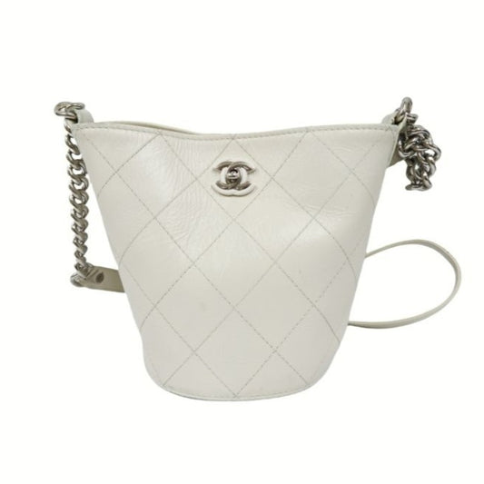 CHANEL White Caviar Leather Quilted Bucket Crossbody Bag with Silver Hardware