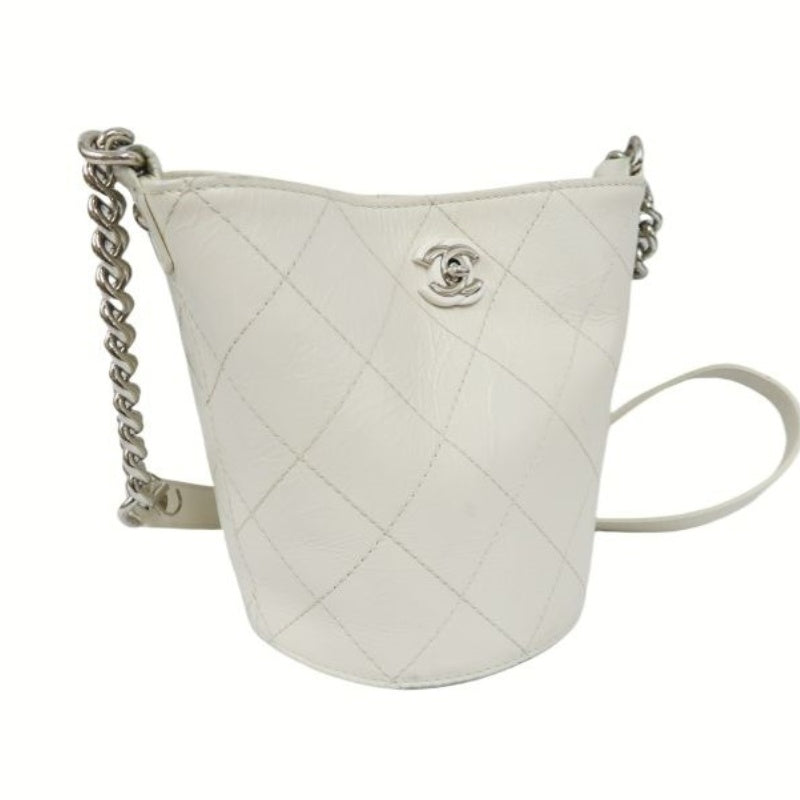 CHANEL White Caviar Leather Quilted Bucket Crossbody Bag with Silver Hardware