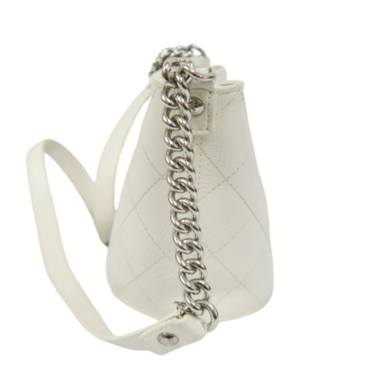 CHANEL White Caviar Leather Quilted Bucket Crossbody Bag with Silver Hardware
