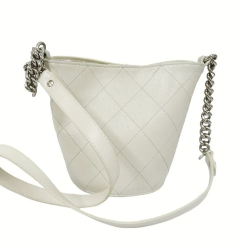 CHANEL White Caviar Leather Quilted Bucket Crossbody Bag with Silver Hardware