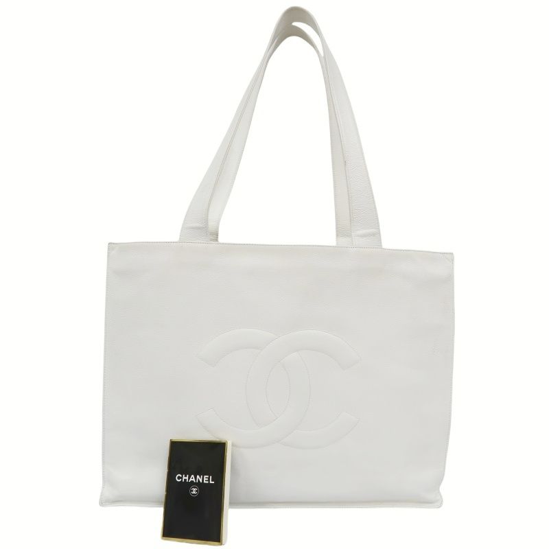 CHANEL White Caviar Leather Tote Shoulder Bag with Interlocking CC Logo