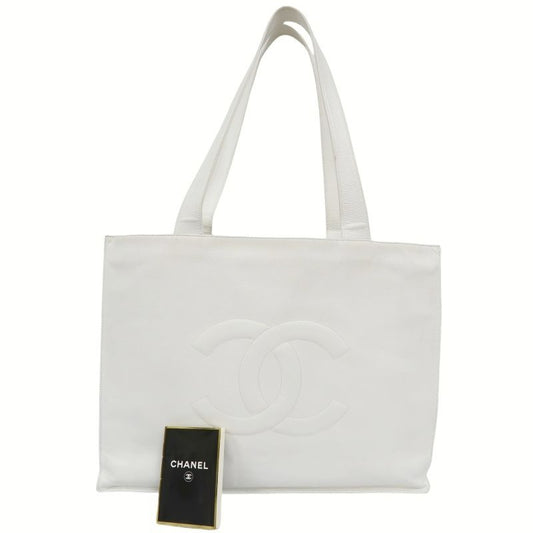 CHANEL White Caviar Leather Tote Shoulder Bag with Interlocking CC Logo
