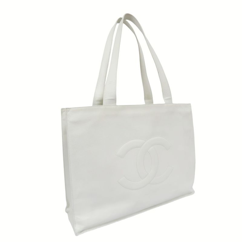 CHANEL White Caviar Leather Tote Shoulder Bag with Interlocking CC Logo