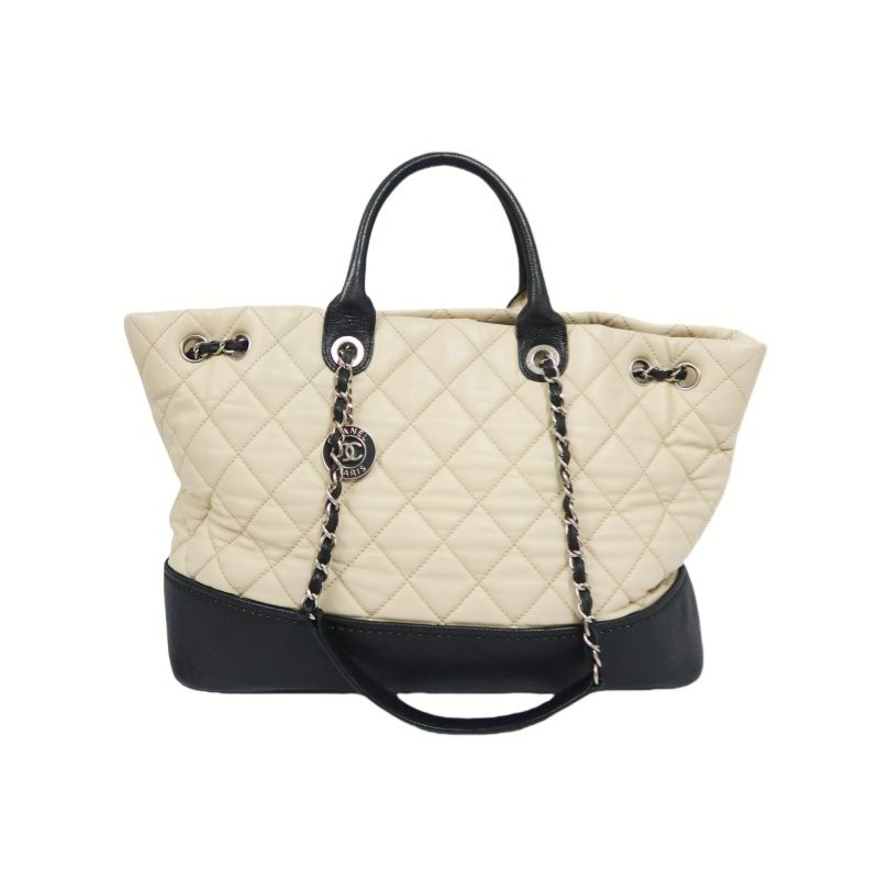 CHANEL Beige/Black Lambskin Quilted Chain Shoulder Tote Crossbody Bag with Silver Hardware