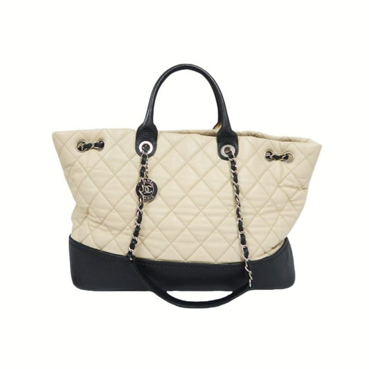 CHANEL Beige/Black Lambskin Quilted Chain Shoulder Tote Crossbody Bag with Silver Hardware