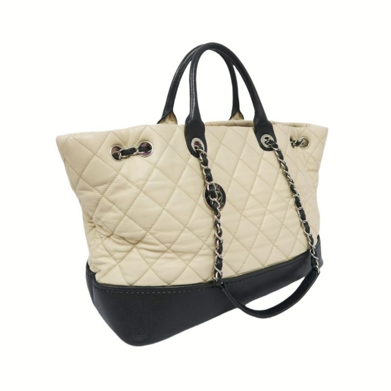 CHANEL Beige/Black Lambskin Quilted Chain Shoulder Tote Crossbody Bag with Silver Hardware