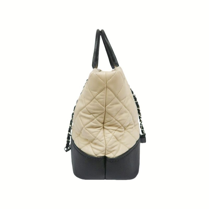 CHANEL Beige/Black Lambskin Quilted Chain Shoulder Tote Crossbody Bag with Silver Hardware