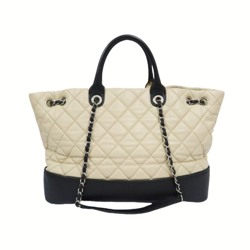 CHANEL Beige/Black Lambskin Quilted Chain Shoulder Tote Crossbody Bag with Silver Hardware