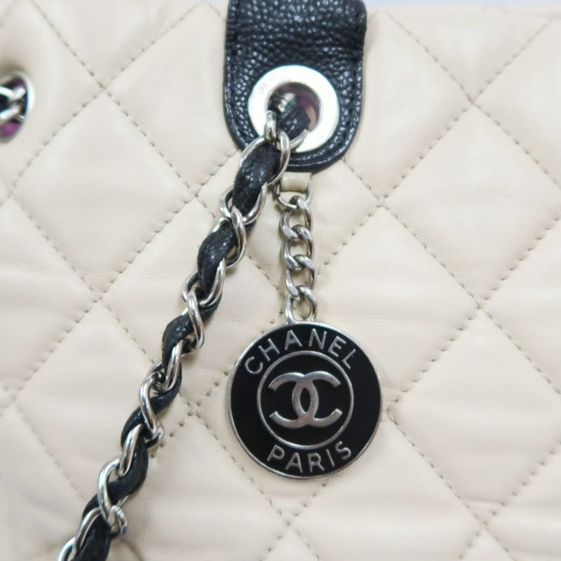 CHANEL Beige/Black Lambskin Quilted Chain Shoulder Tote Crossbody Bag with Silver Hardware
