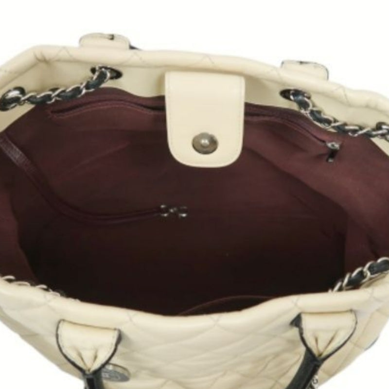 CHANEL Beige/Black Lambskin Quilted Chain Shoulder Tote Crossbody Bag with Silver Hardware