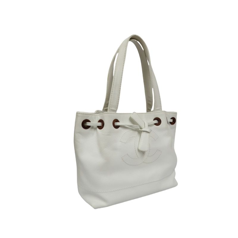 CHANEL White Calfskin Drawstring Tote Shoulder Bag with Dust Bag