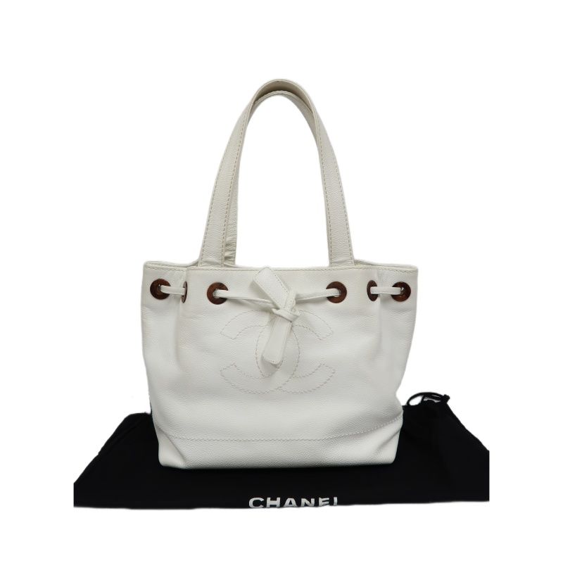 CHANEL White Calfskin Drawstring Tote Shoulder Bag with Dust Bag