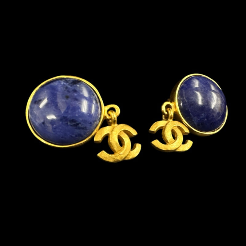 CHANEL gold plated blue stone clip-on earrings with box