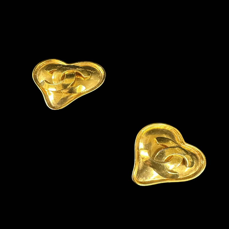 CHANEL Earrings, Coco Mark, Heart Design, 95P, Gold Tone, Alloy, Clip-On