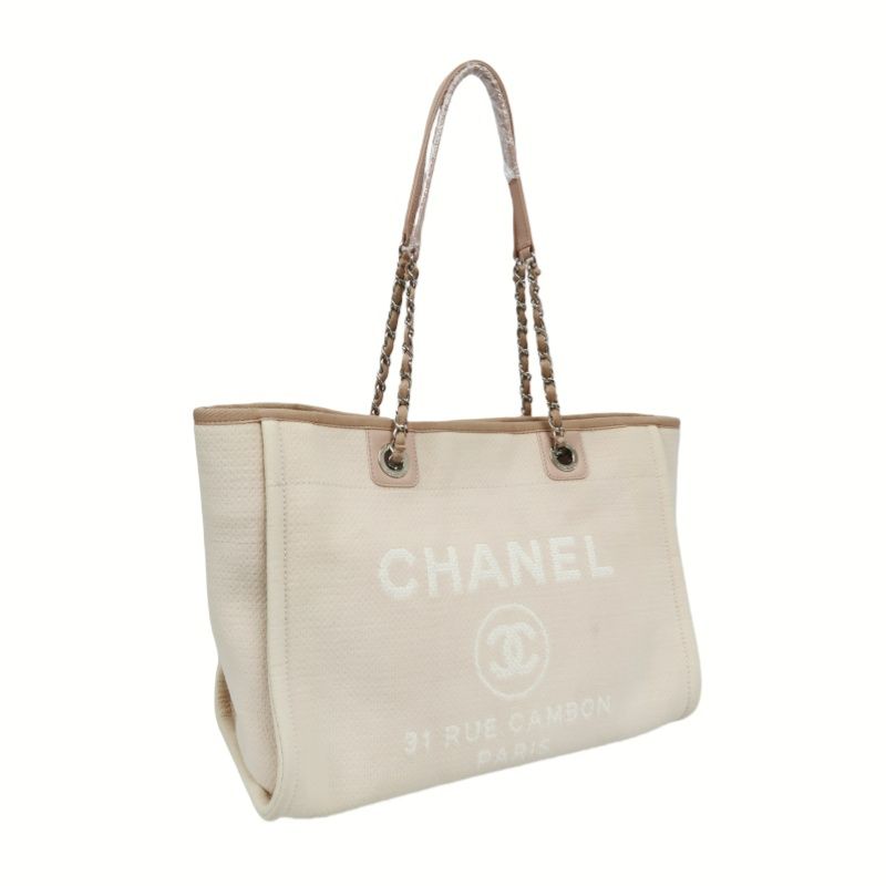 CHANEL Pink Deauville Canvas Tote Shoulder Bag with Silver Hardware