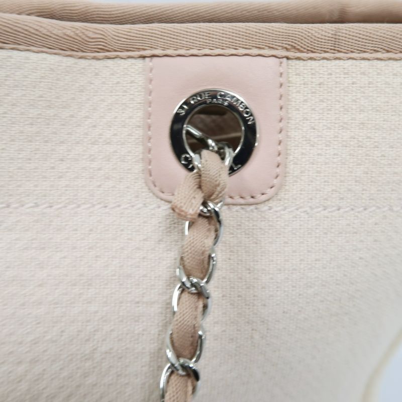 CHANEL Pink Deauville Canvas Tote Shoulder Bag with Silver Hardware