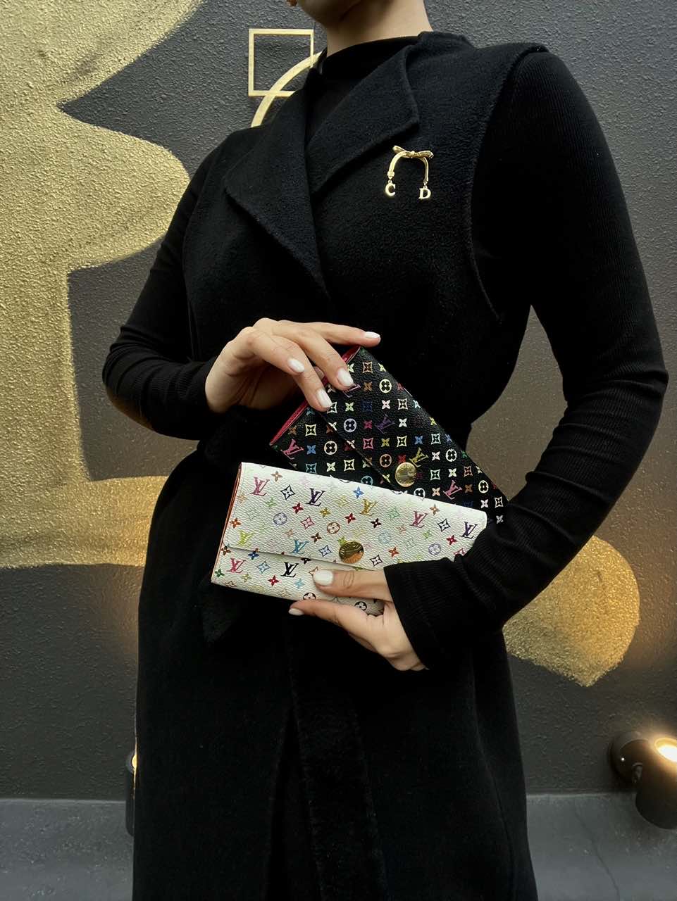 LOUIS VUITTON Multicolore Long Wallet, Black, with LY Initials, PVC-Coated Canvas