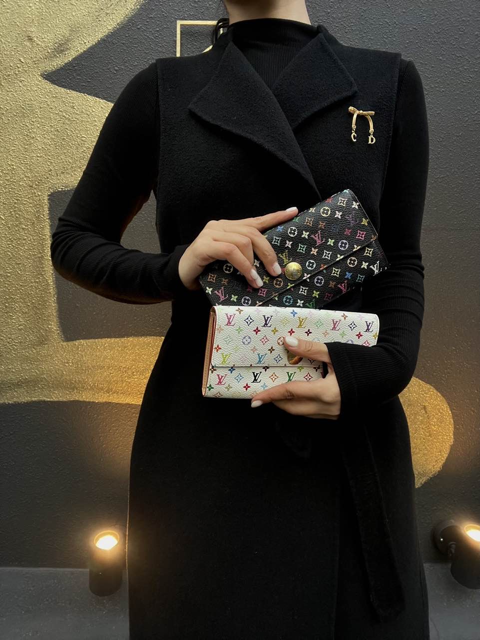 LOUIS VUITTON Multicolore Long Wallet, Black, with LY Initials, PVC-Coated Canvas