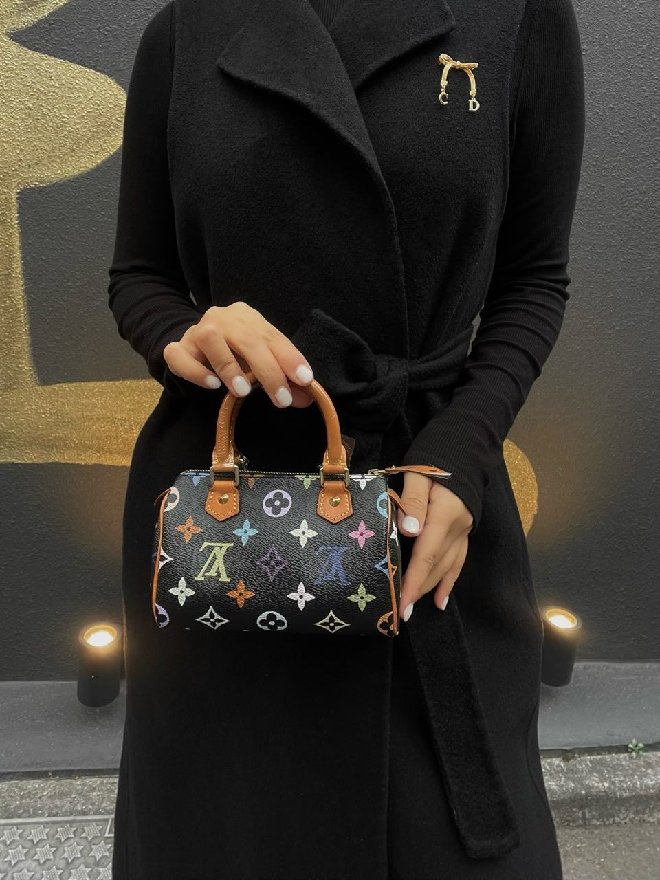 LOUIS VUITTON Multicolor Black Nano Speedy Handbag with Shoulder Strap