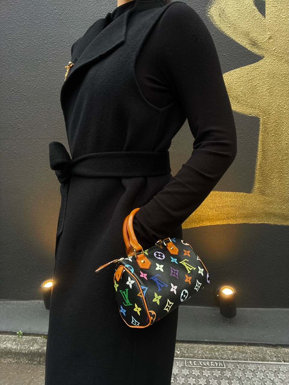 LOUIS VUITTON Multicolor Black Nano Speedy Handbag with Shoulder Strap
