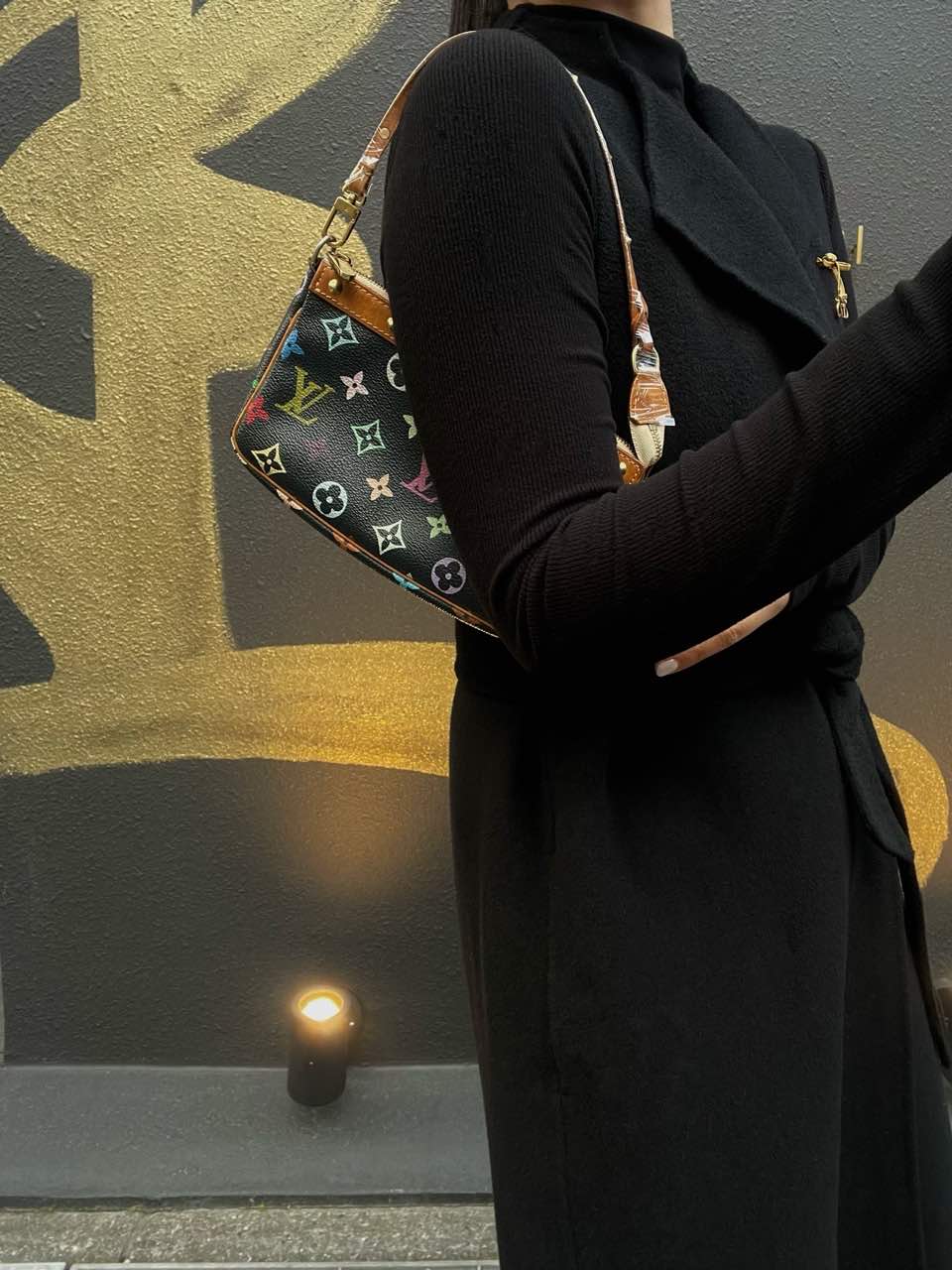 Louis Vuitton Multicolore Pochette Accessoires Black (With Shoulder Strap) Black Multicolore PVC Rivet Mahjong Bag Armpit Bag