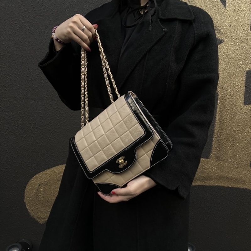 CHANEL Chocolate Bar Chain Shoulder Bag, Beige & Black, Lambskin Leather, Gold Hardware, with Guarantee Card and Dust Bag