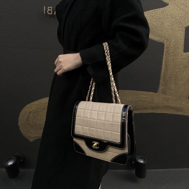 CHANEL Chocolate Bar Chain Shoulder Bag, Beige & Black, Lambskin Leather, Gold Hardware, with Guarantee Card and Dust Bag