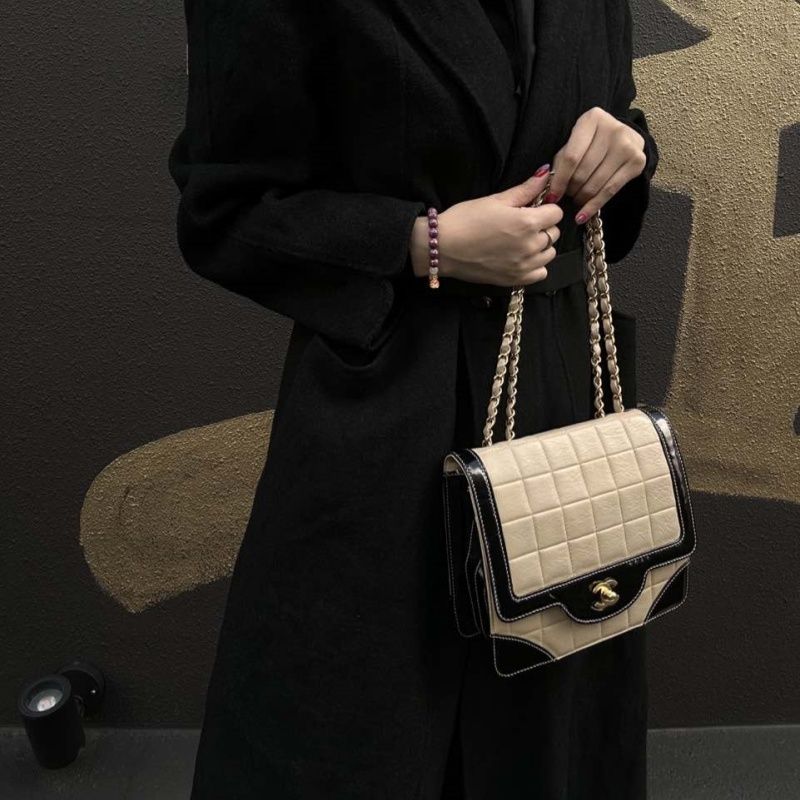 CHANEL Chocolate Bar Chain Shoulder Bag, Beige & Black, Lambskin Leather, Gold Hardware, with Guarantee Card and Dust Bag