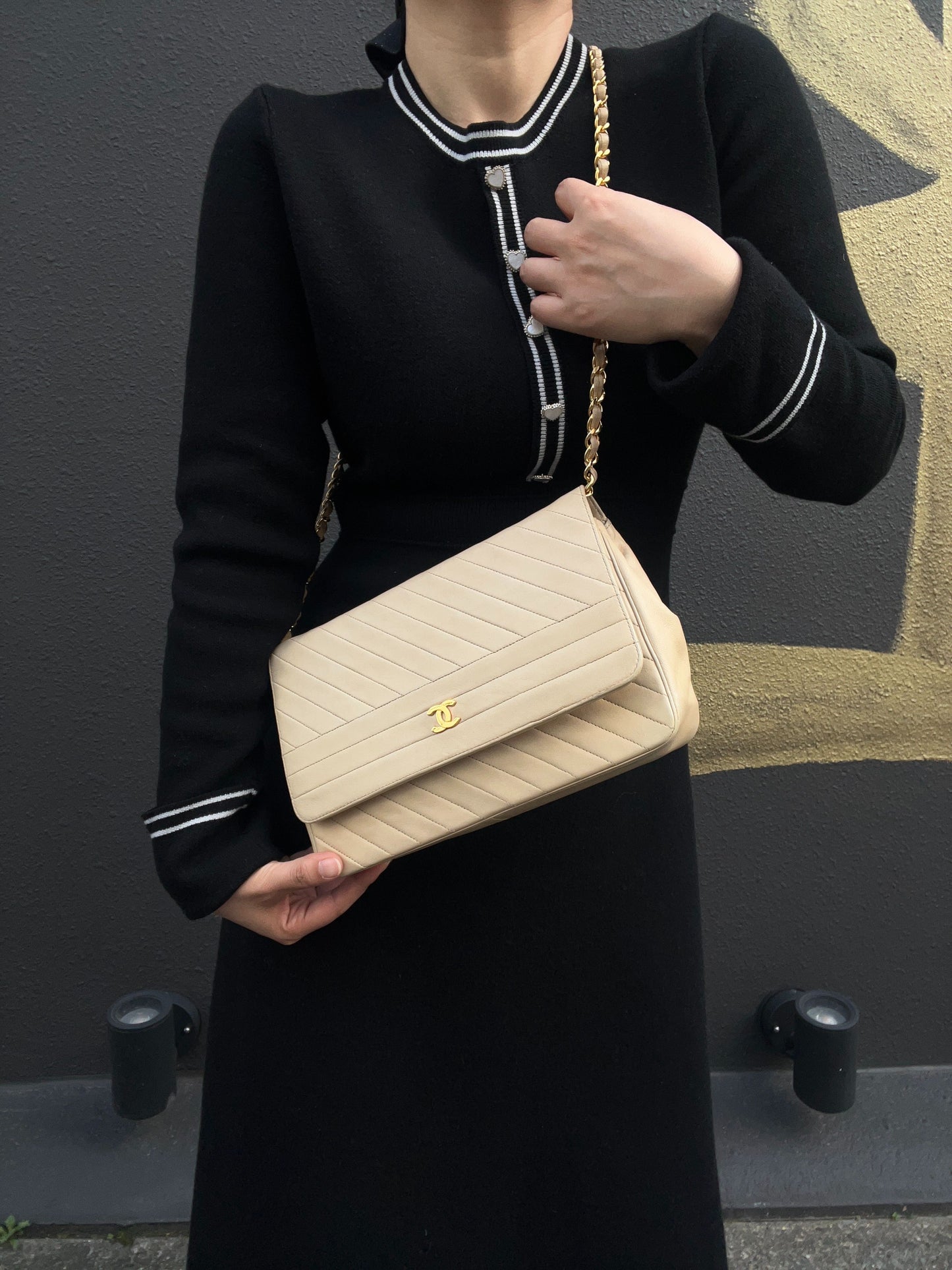 CHANEL Beige Lambskin Striped Flap Chain Crossbody Bag with Gold Hardware