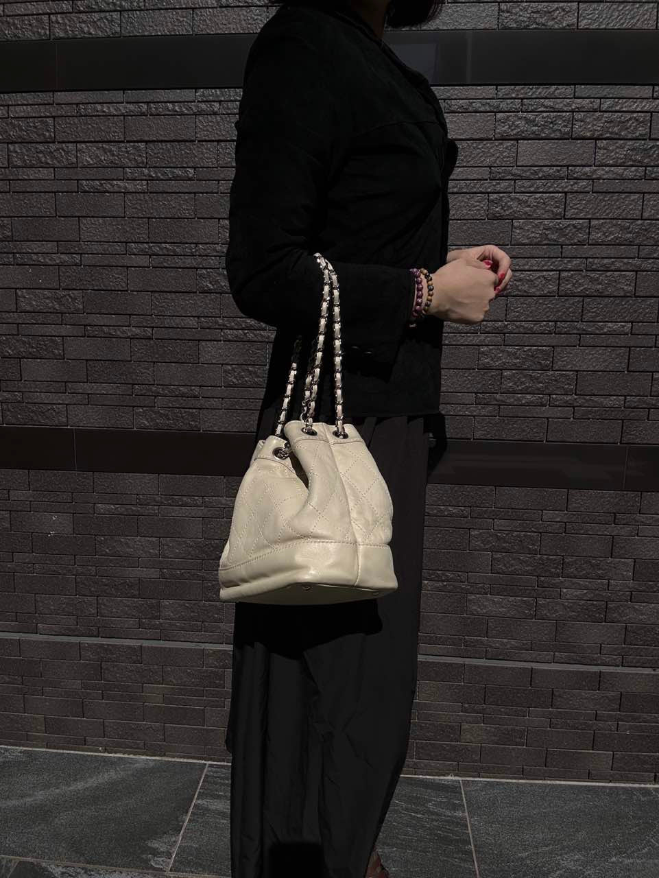 Chanel Drawstring Shoulder Bag Lambskin Chain Silver Hardware White Beige  Bucket Bag