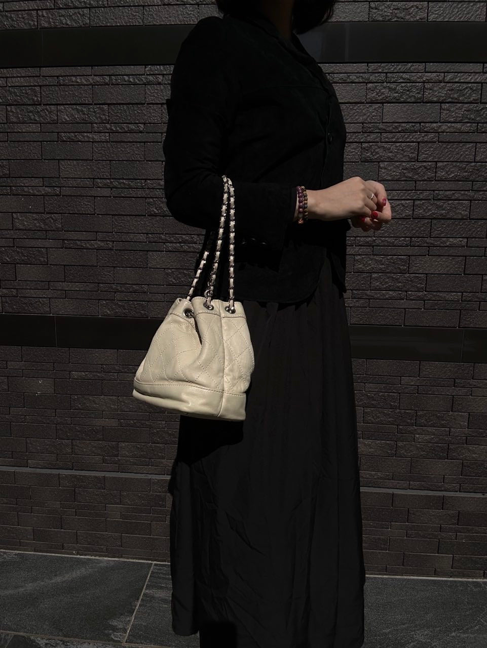 Chanel Drawstring Shoulder Bag Lambskin Chain Silver Hardware White Beige  Bucket Bag