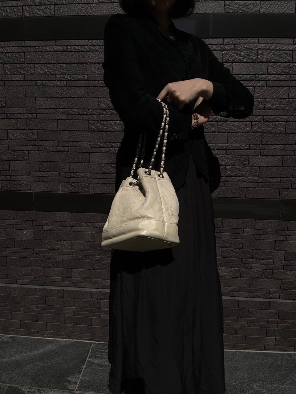 Chanel Drawstring Shoulder Bag Lambskin Chain Silver Hardware White Beige  Bucket Bag