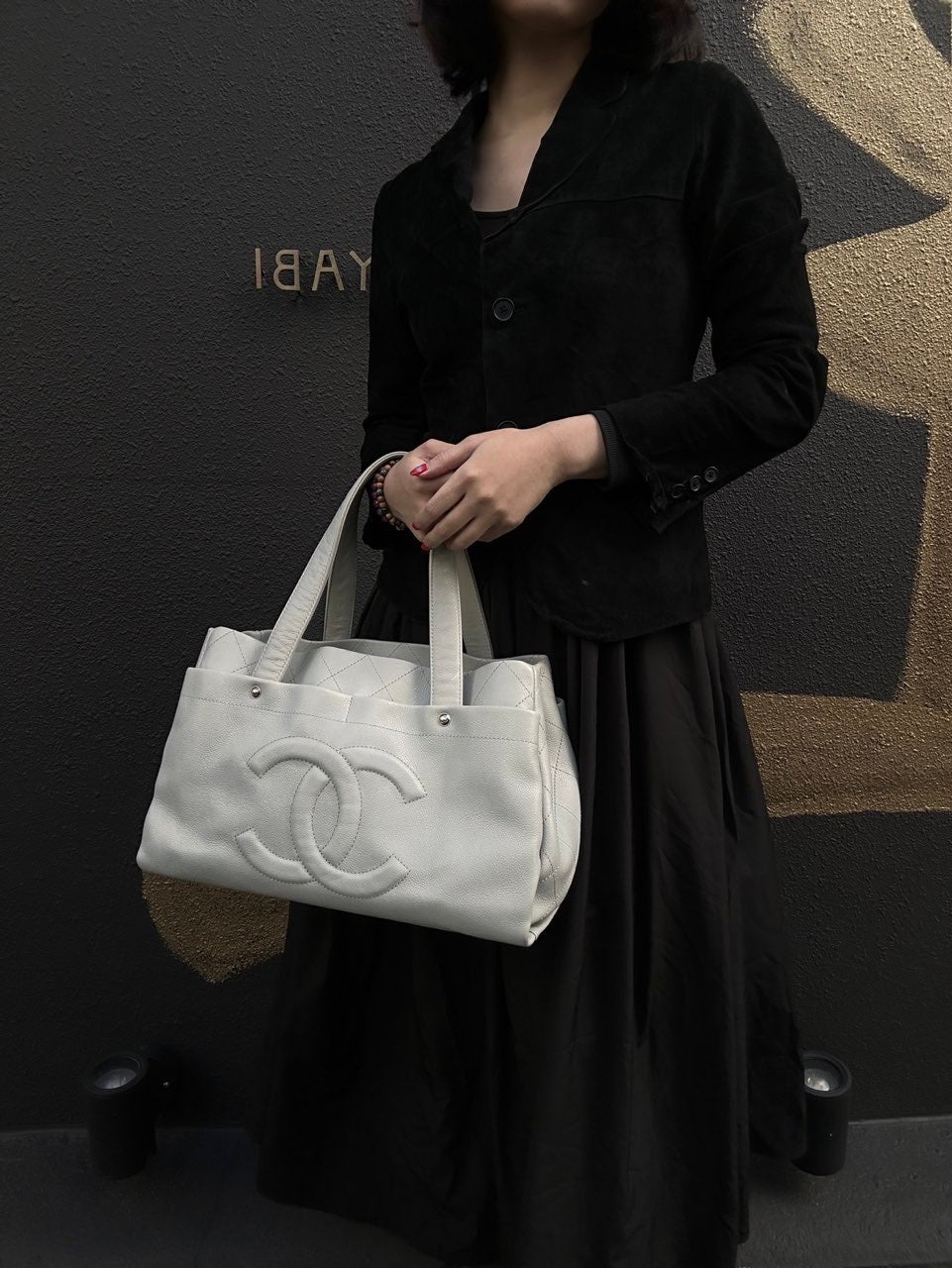 CHANEL Gray Tote Bag, Caviar Leather, with Pouch