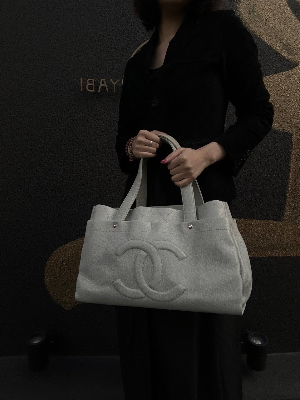 CHANEL Gray Tote Bag, Caviar Leather, with Pouch