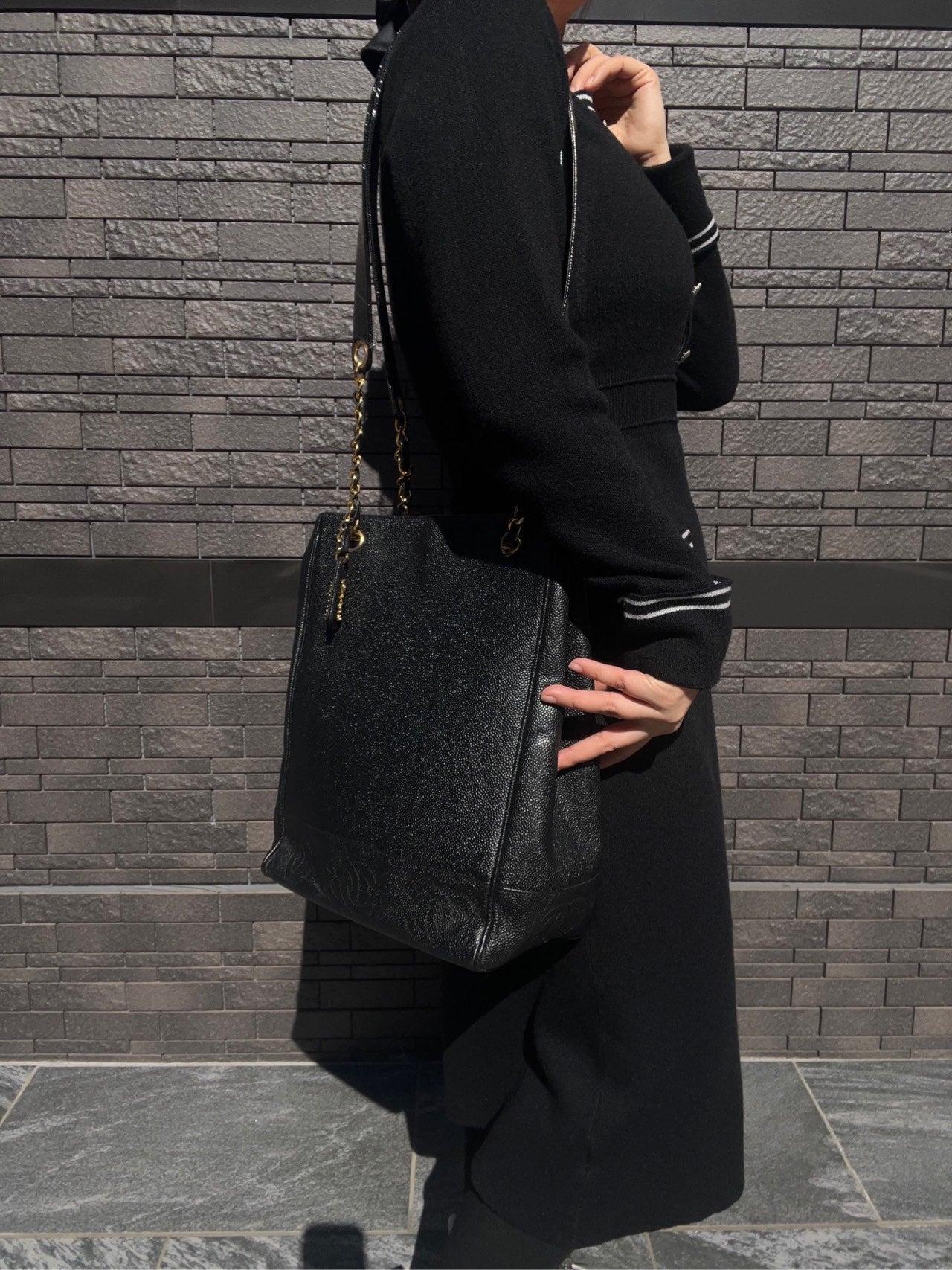 CHANEL Black Caviar Leather Quilted Chain Shoulder Tote Bag with Gold Hardware