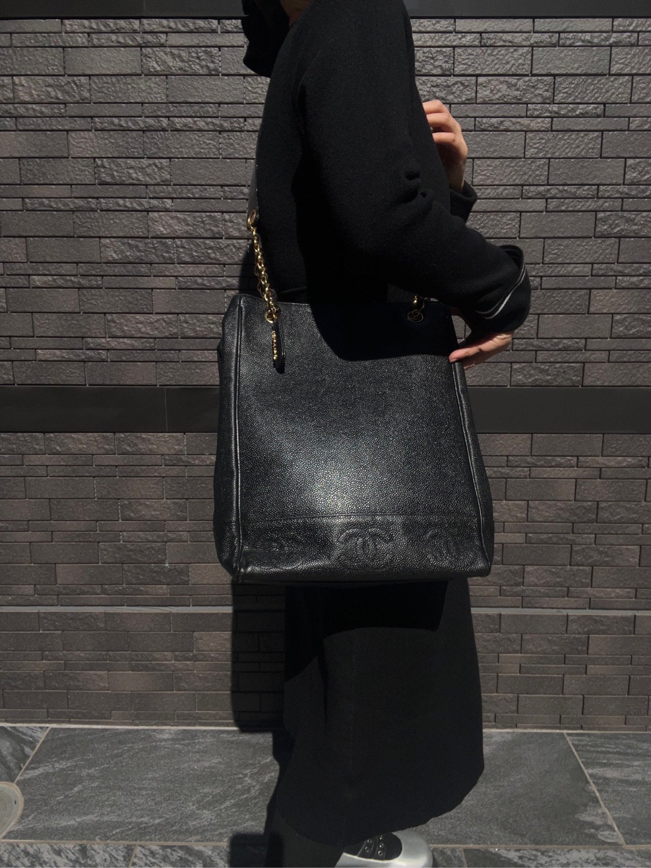 CHANEL Black Caviar Leather Quilted Chain Shoulder Tote Bag with Gold Hardware