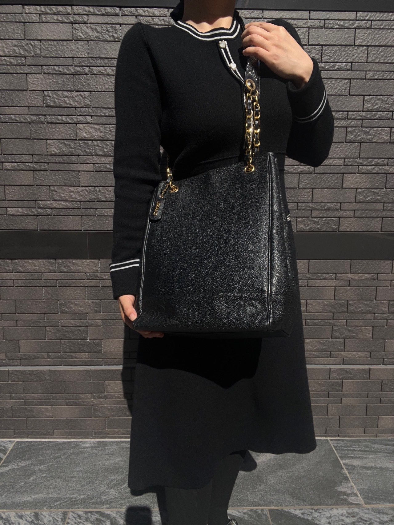 CHANEL Black Caviar Leather Quilted Chain Shoulder Tote Bag with Gold Hardware