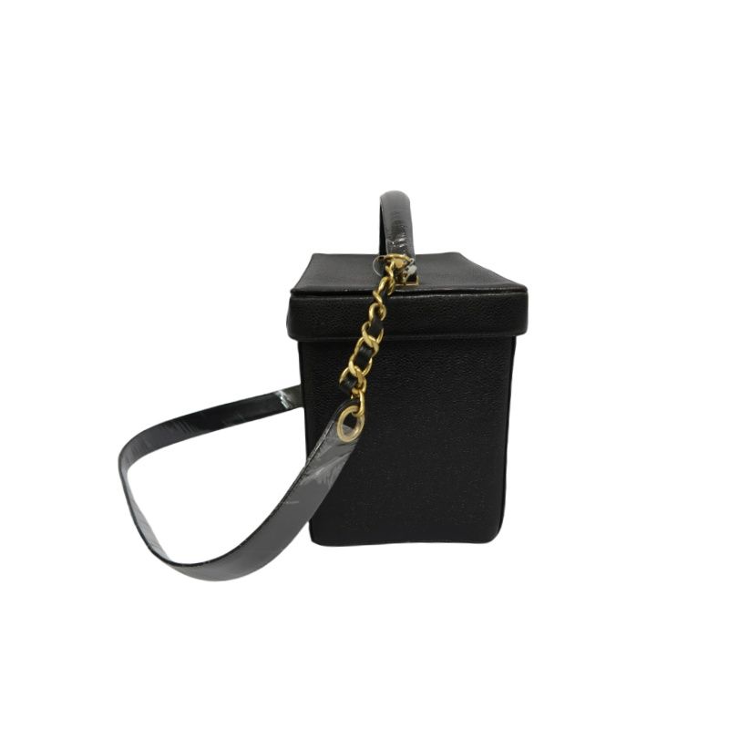 CHANEL Black Caviar Leather Vanity Bag with Coco Mark, Gold Hardware, Shoulder Strap & Guarantee CardCHANEL Black Caviar Leather Vanity Bag with Coco Mark, Gold Hardware, Shoulder Strap & Guarantee Card